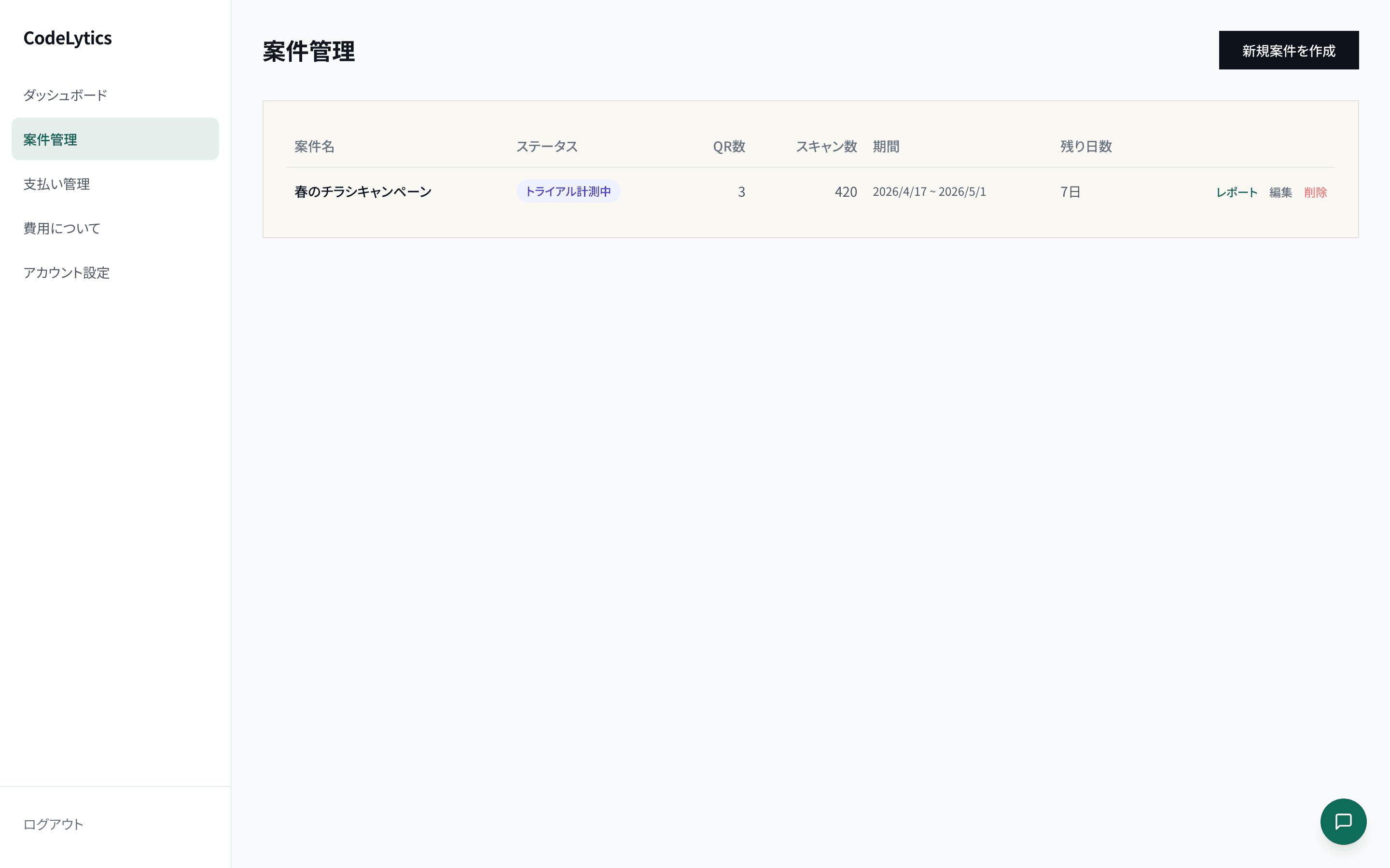 CodeLytics 案件管理 — 案件一覧とステータス・期間・残り日数